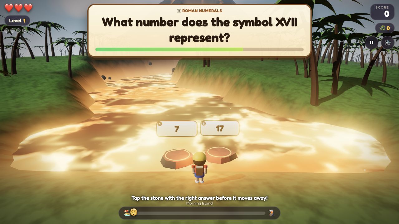 Volcano Rescue gameplay: a math question above stepping stones in a lava river