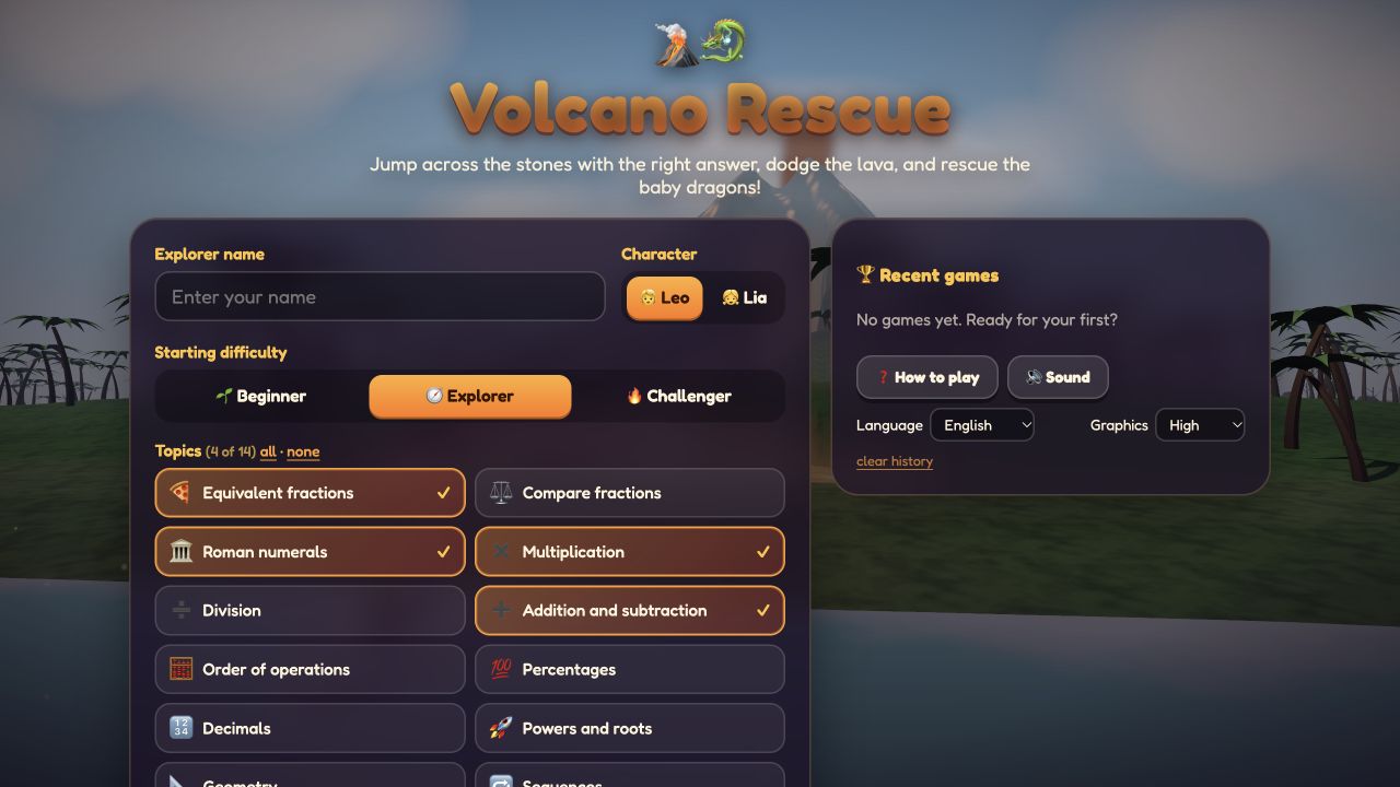 Volcano Rescue setup menu with characters, difficulty choices, and math topics